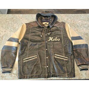 Vintage HOBO Leather Jacket XL Brown Tan Blue Hooded Varsity Style  90s